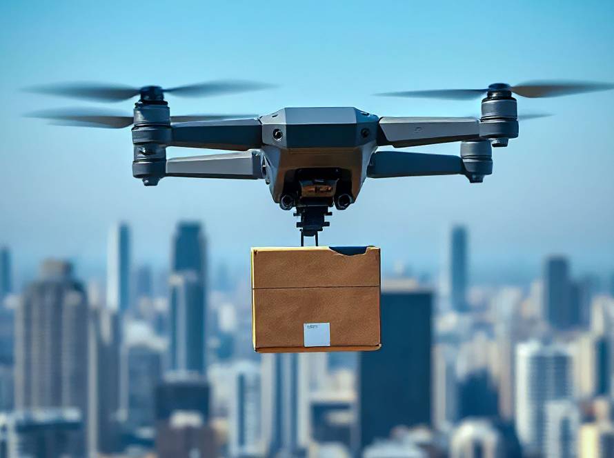 Dark gray drone carrying a box over a sunny cityscape, symbolizing IoT-enabled smart logistics and real-time delivery tracking.