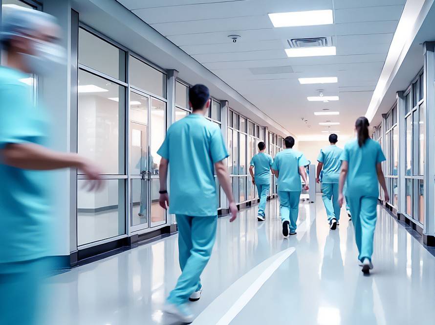 Hospital hallway with diverse staff in teal scrubs, symbolizing calm, trust, and professional healthcare teamwork in a clinical setting