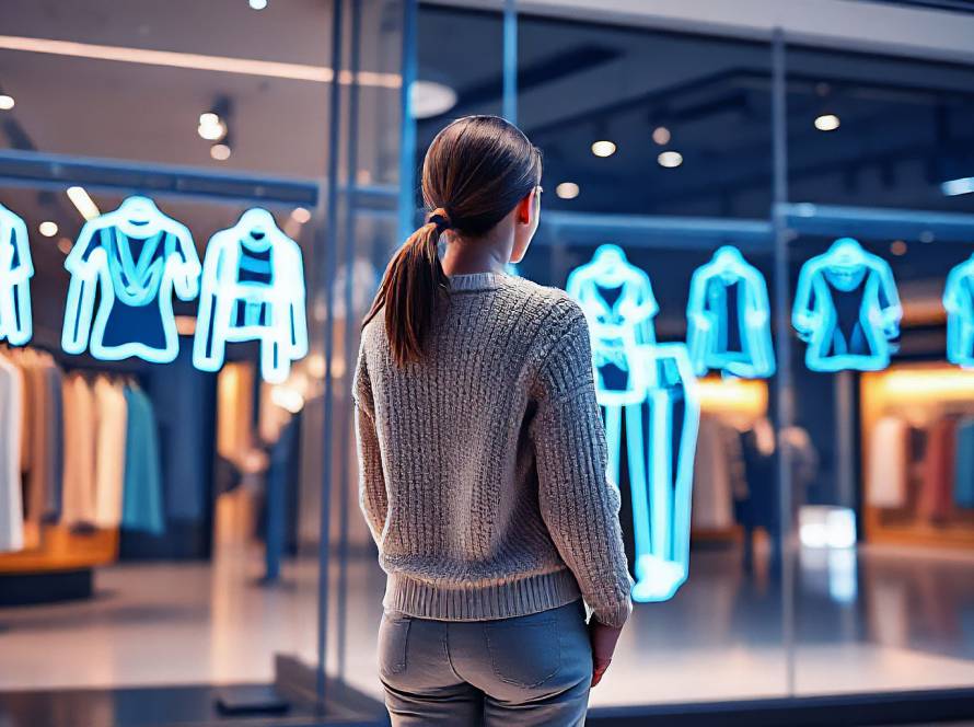 Young woman viewing neon digital clothing display, representing IoT-enabled smart retail and futuristic digital fashion innovation.