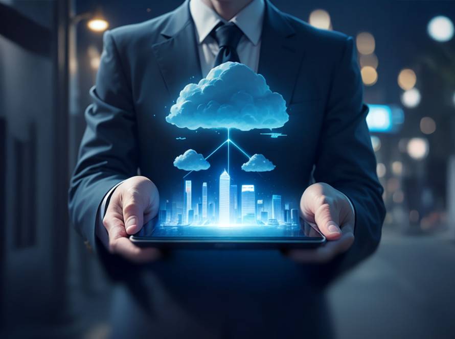 Businessman holding tablet with holographic smart city connected via cloud computing and IoT for urban development.