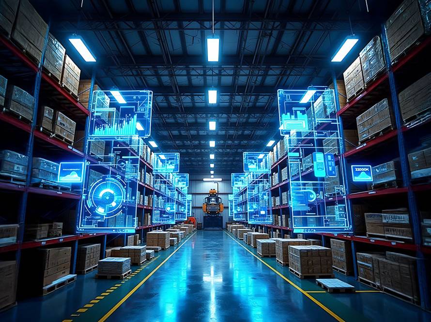 High-tech warehouse interior with storage containers and pallets, overlaid with blue-white holographic data projections and industrial lighting.