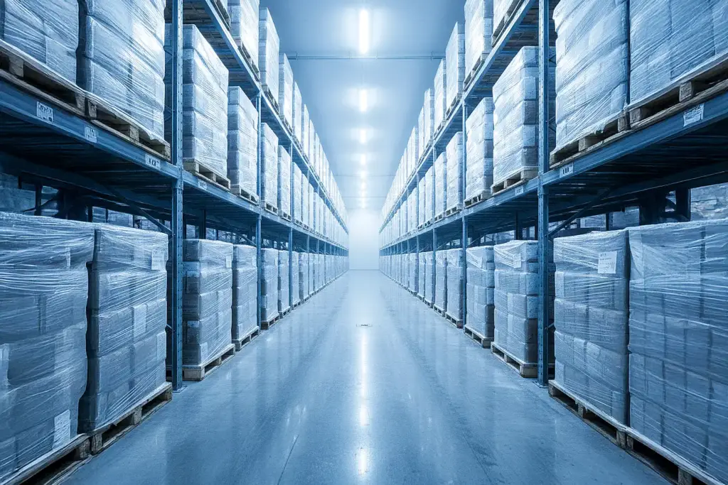 Long refrigerated warehouse aisle with stacked light blue-gray boxes on wooden pallets and metal shelving, cool fluorescent lighting.