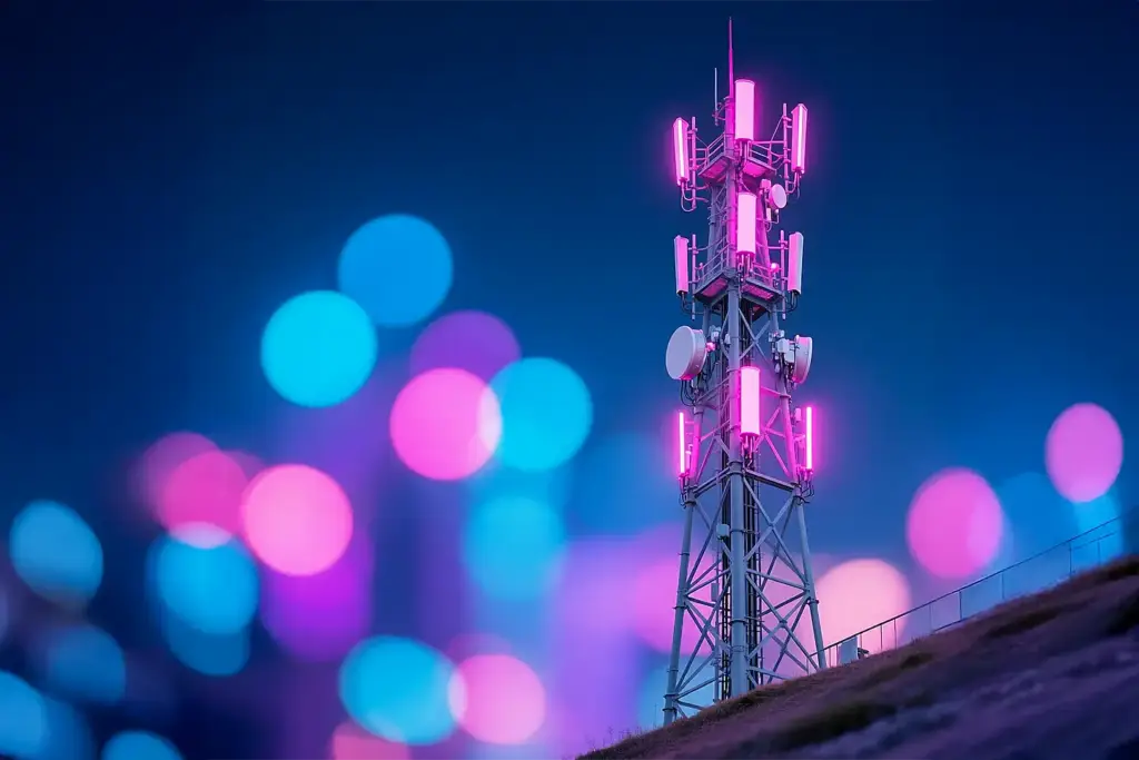 Tall metallic 5G tower lit with magenta-pink lights against blurred blue, pink, purple bokeh; nighttime city scene, upward perspective.