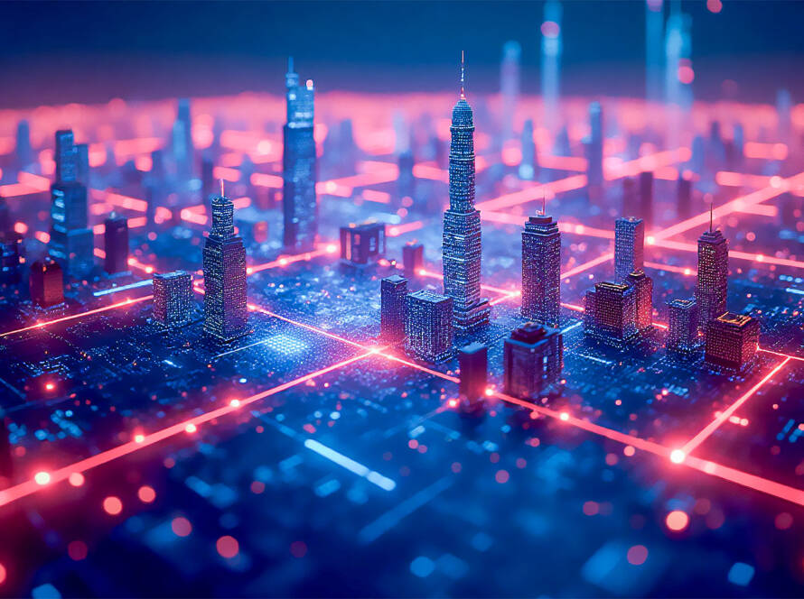 Hyperrealistic cyberpunk cityscape with glowing neon red and blue data streams, volumetric lines, and illuminated futuristic buildings.
