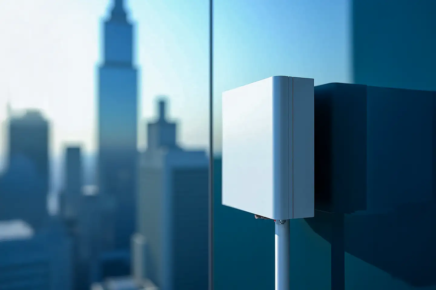 White outdoor LoRaWAN gateway antenna mounted on glass window with blurred skyscrapers and soft sunlight reflections.