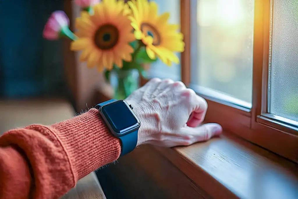 Close-up of elderly arm in orange sweater with black smartwatch near blurred golden sunlight and yellow flowers.