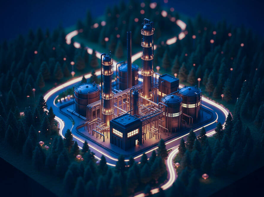 Stylized oil refinery with glowing orange lights in dark green forest, viewed from above with illuminated yellow-orange roads.