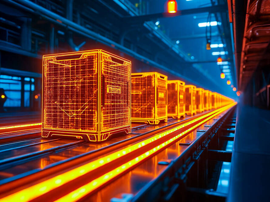 Futuristic factory with glowing orange-yellow wireframe crates on conveyor belt in dark industrial space with warm lighting.