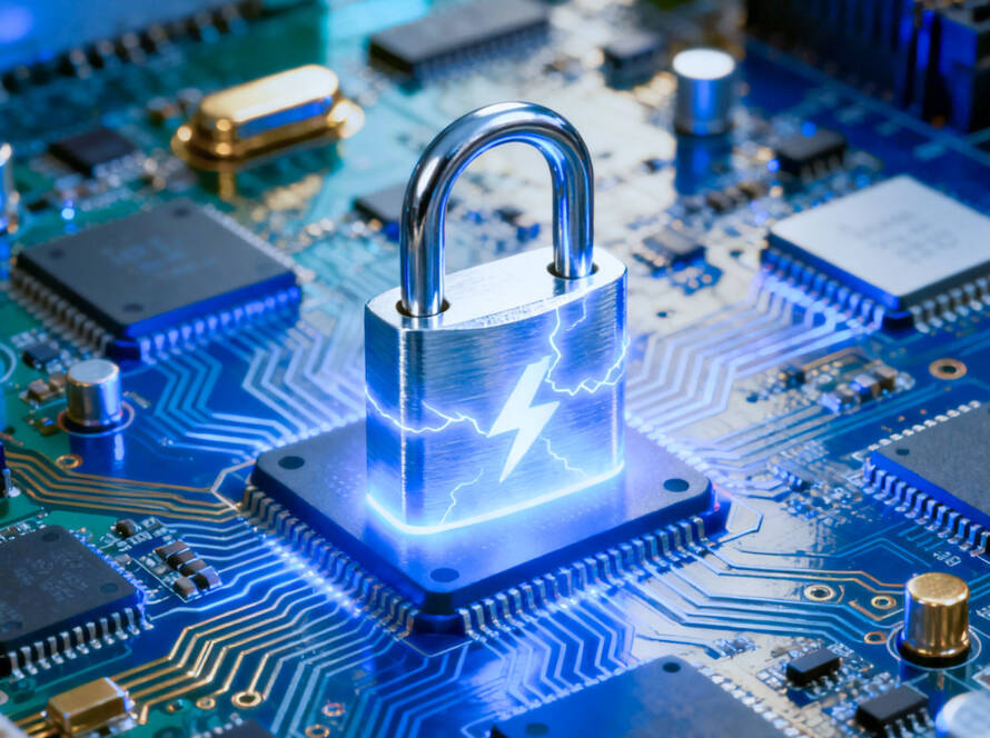 A close-up of a computer circuit board with a glowing blue padlock at its centre, symbolizing digital security and data protection.