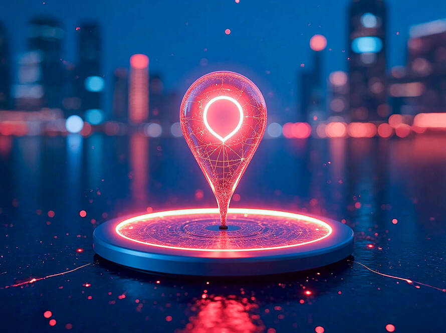 Glowing red 3D location pin above metallic platform on reflective surface with abstract blue lines and blurry city lights background.