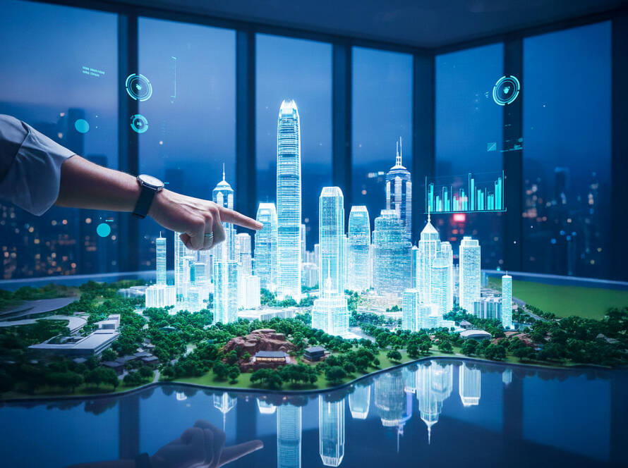 Light-skinned hand pointing at holographic blue city model over physical green cityscape with floating data visualizations.