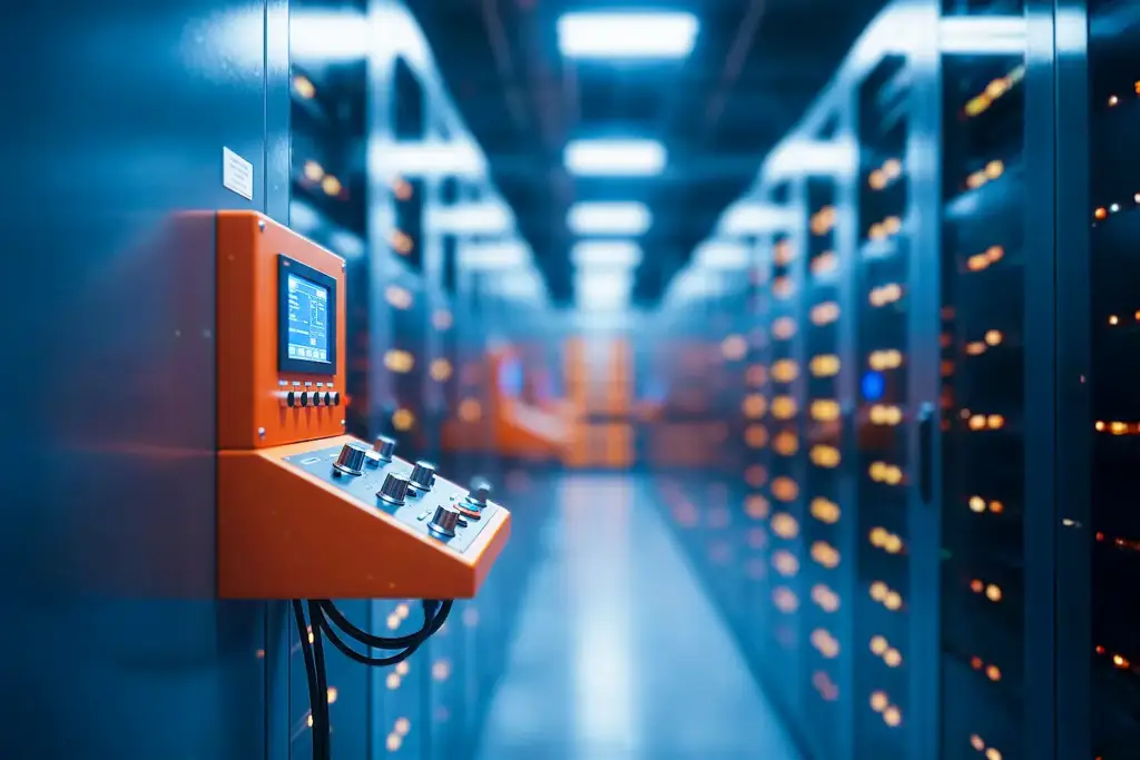 Industrial control panel with vibrant orange unit and digital display in dimly lit data center aisle with glowing indicator lights.