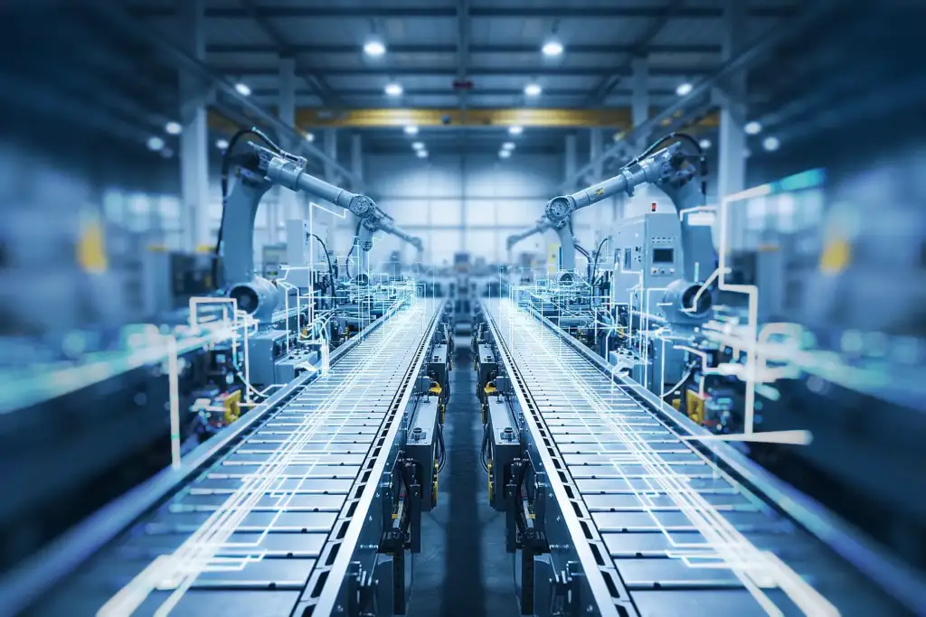Industrial factory interior with parallel gray conveyor belts, light blue data lines, and robotic arms working symmetrically.