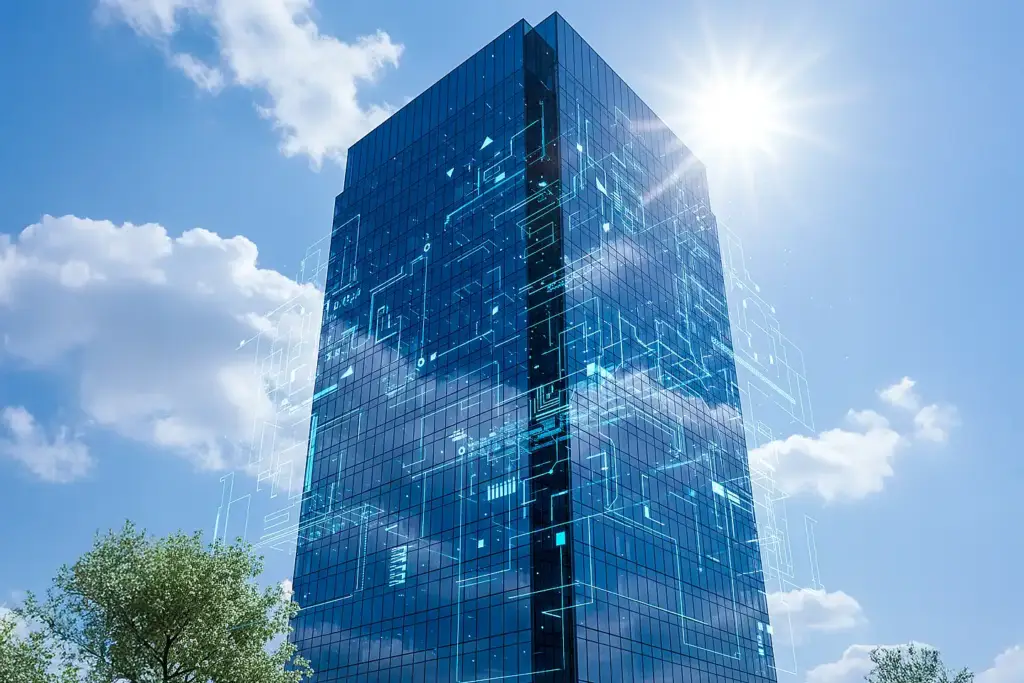 Modern glass office building with blue digital overlay, bright sunlight, and light blue sky with clouds viewed from ground level.