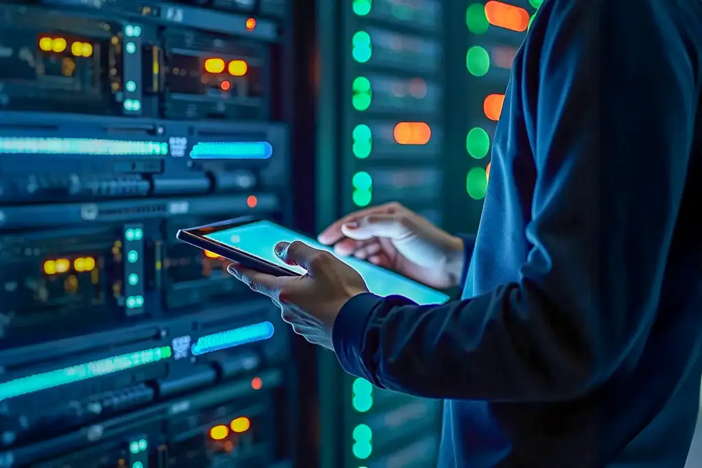 Technician operating a tablet in a dim server room with blinking LED lights, highlighting digital infrastructure management.