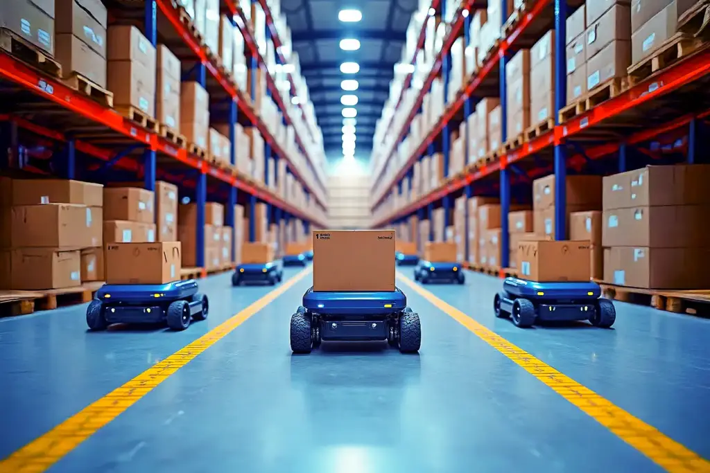 Large warehouse interior with stacked cardboard boxes, blue and gray autonomous robots moving goods, and workers in organized aisles.