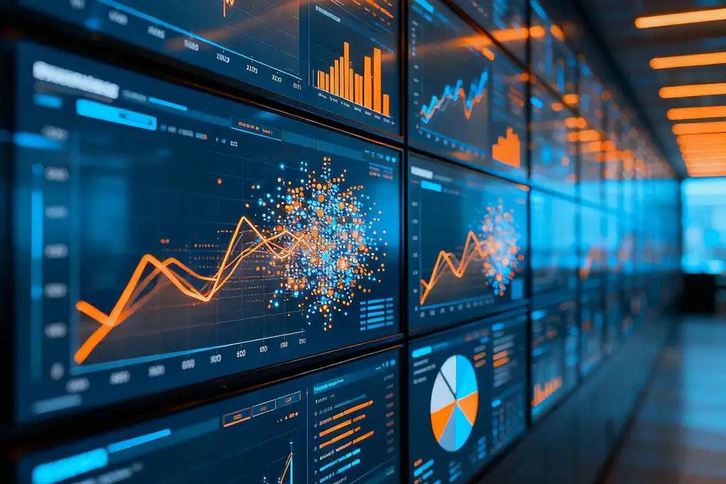 Close-up of a futuristic digital dashboard with animated data visualizations in blue and orange, highlighting real-time financial analytics.