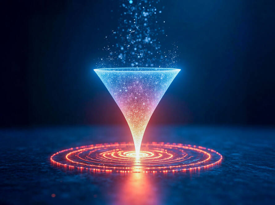 Futuristic glowing cyan and red funnel with cascading blue particles, emitting orange glow, representing digital data flow in a dark technical background.