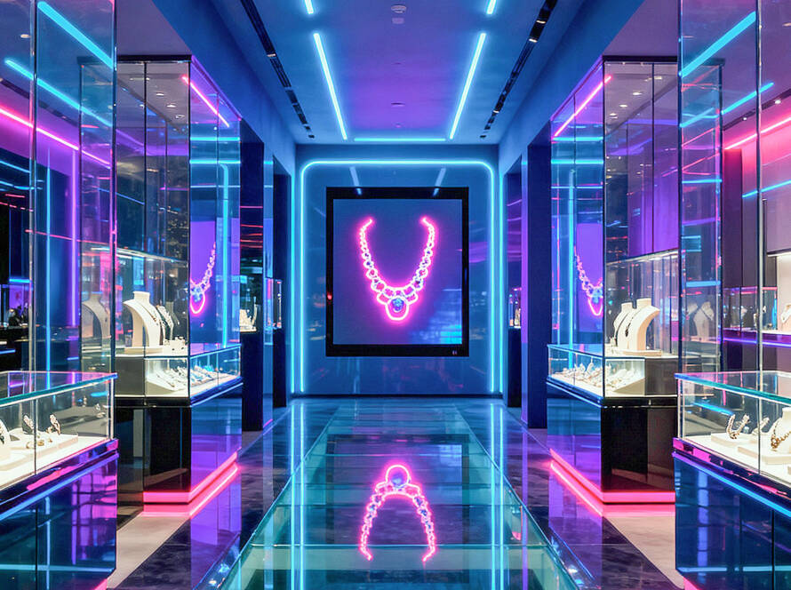 Futuristic jewelry store interior with neon blue, purple, and pink lighting, sleek glass displays, and a glowing digital necklace.