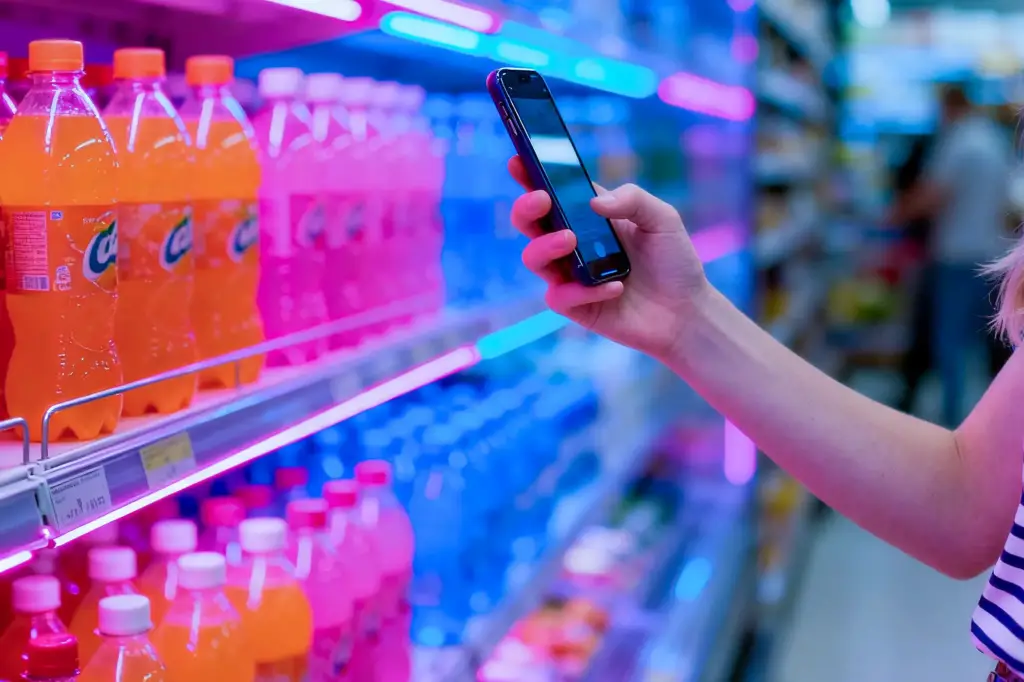 Close-up of a hand holding a smartphone in a grocery store with a blurry background of colourful, neon-lit bottles.