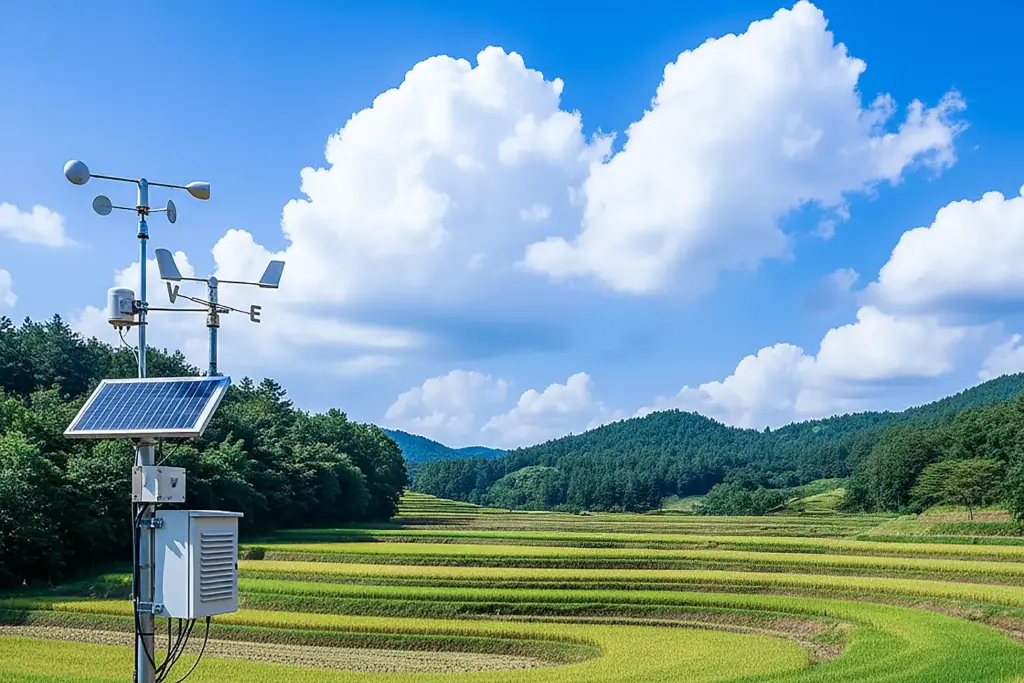 Weather station in rice fields under sunny sky with tractors, lush hills, and puffy clouds, highlighting agriculture and science.