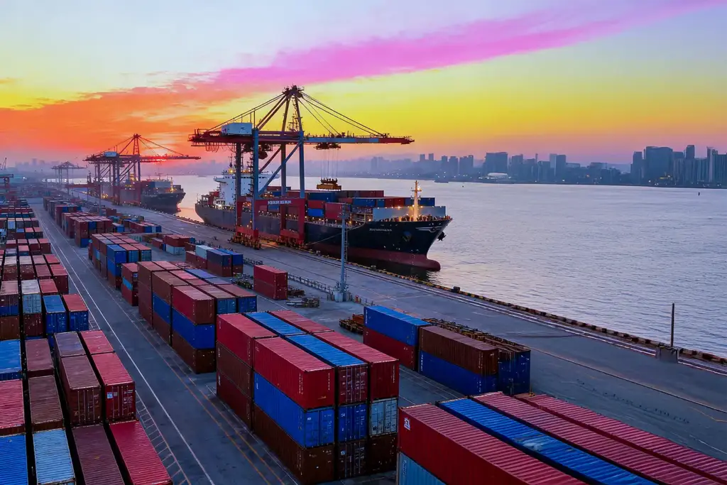Aerial view of a busy container port at sunset with stacked containers, cargo ships, and cranes amid a glowing sky.