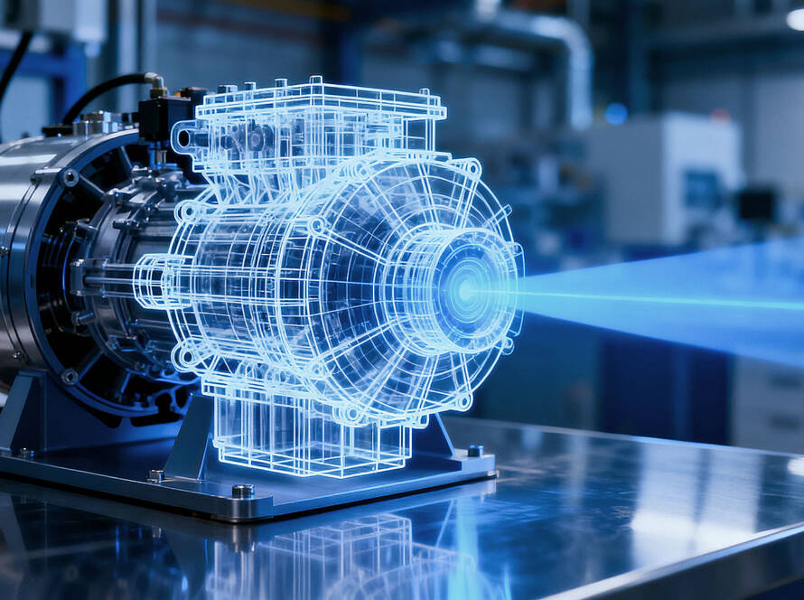 Futuristic engine component with glowing orange and blue holographic overlays on a glass table in a high-tech workshop.