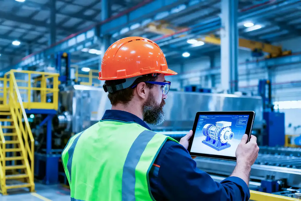 Man in orange hard hat and neon vest holding tablet displaying 3D industrial machine in a brightly lit factory.