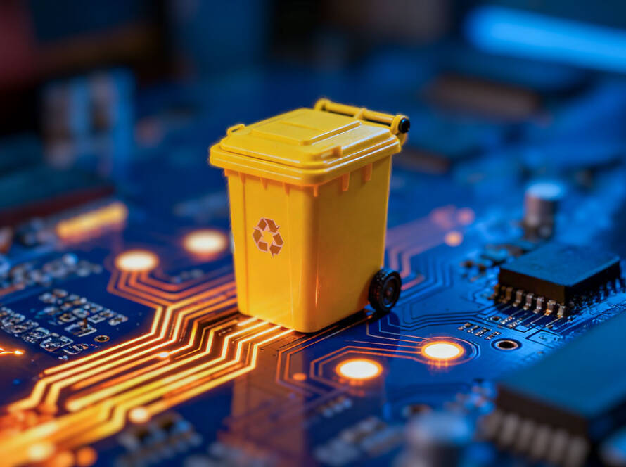 Miniature yellow trash container on a glowing blue circuit board, symbolizing digital data management and disposal.