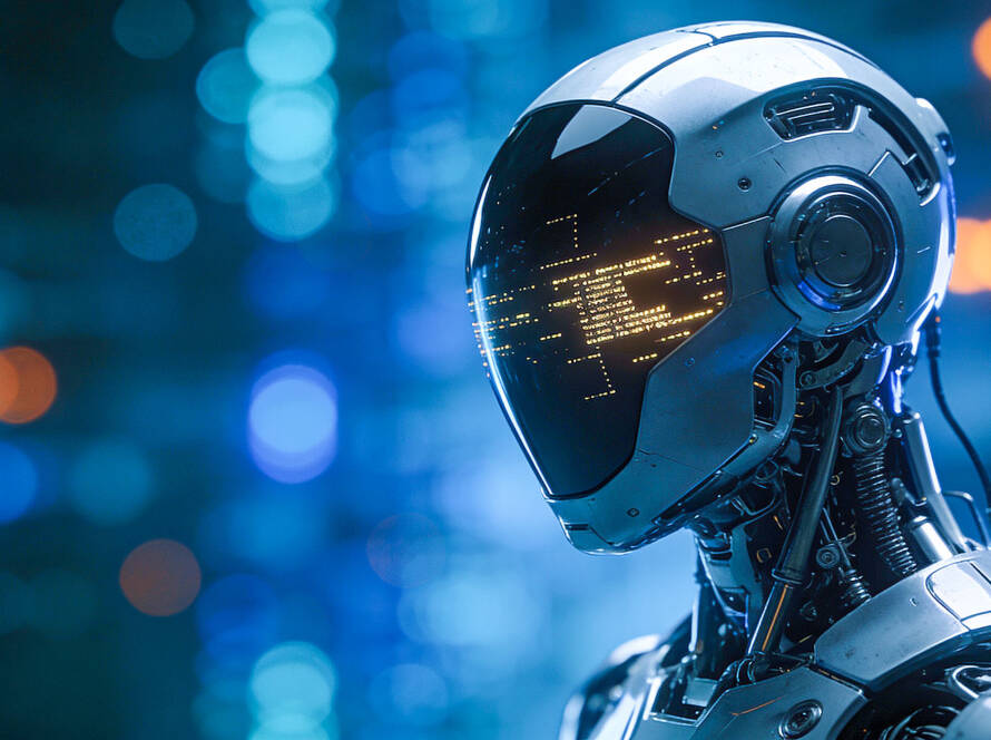 uturistic silver-grey robot in three-quarter profile with glowing golden data visor against a blurred blue and orange bokeh background.