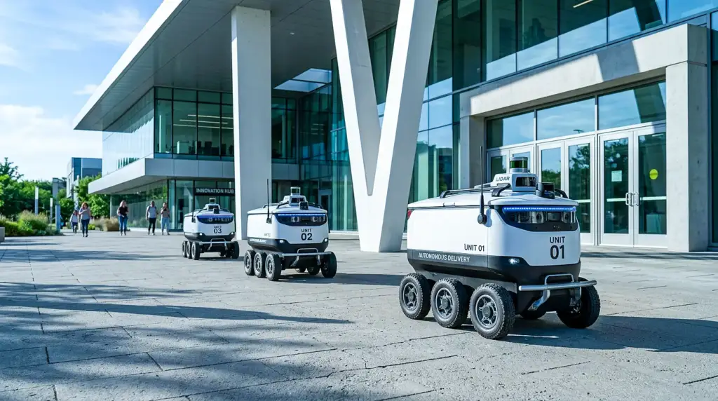 Fleet of white autonomous delivery robots with six wheels moving across a sunny plaza near a modern building.