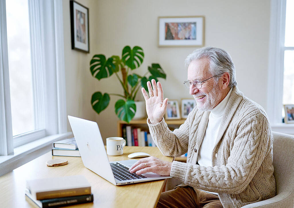Smiling elderly man in beige cardigan waving while using laptop with houseplant background.