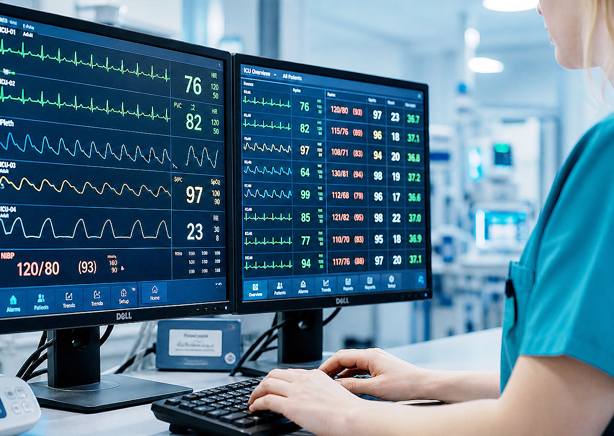Young woman in teal scrubs typing at dual medical monitors showing vital signs and heart waveforms.