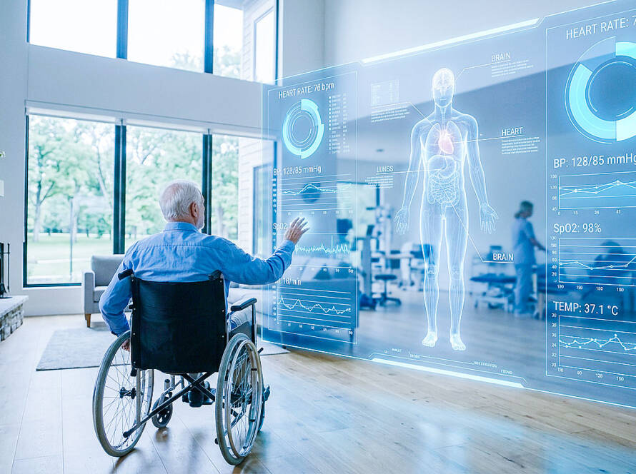 Elderly man in wheelchair reaching toward interactive holographic data display globe.