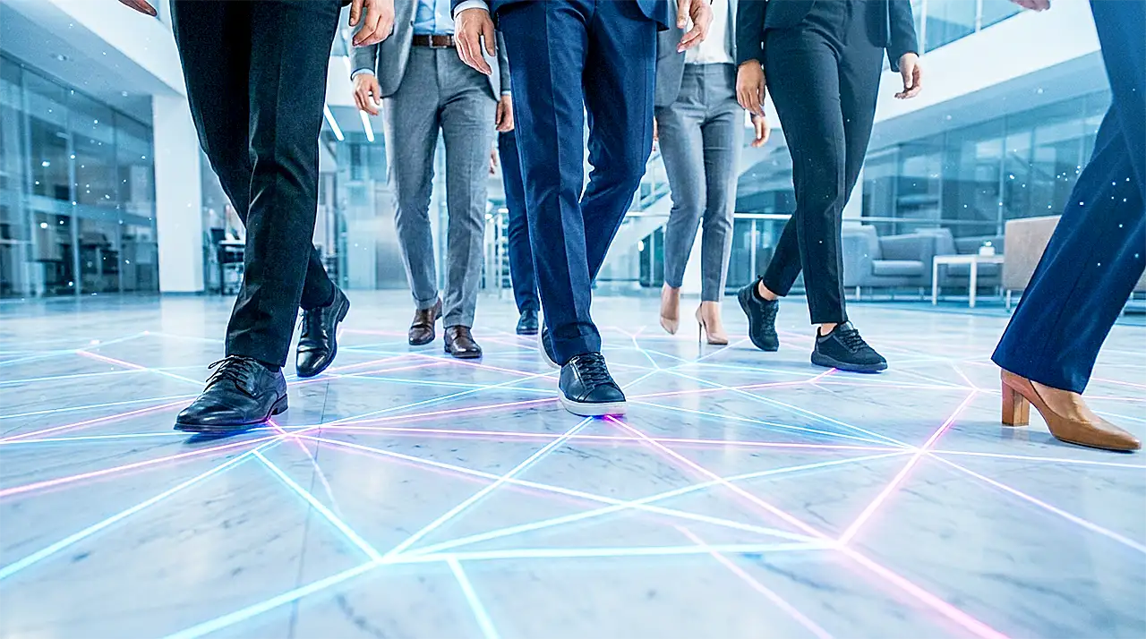 Diverse professionals' legs and feet walking on polished marble floor with glowing neon blue and magenta network lines.