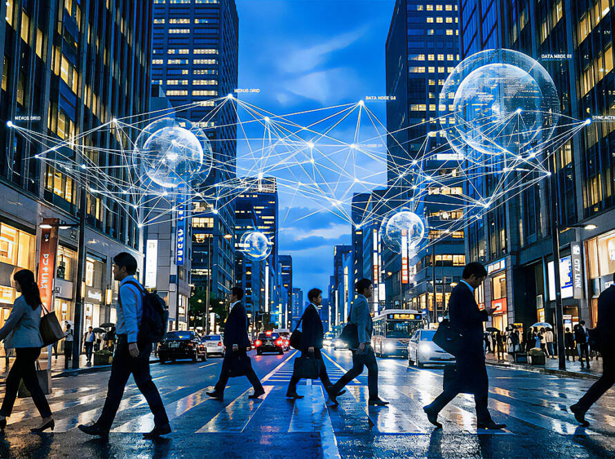 Futuristic twilight city street with glowing digital network overlay of nodes and lines above pedestrians and skyscrapers.