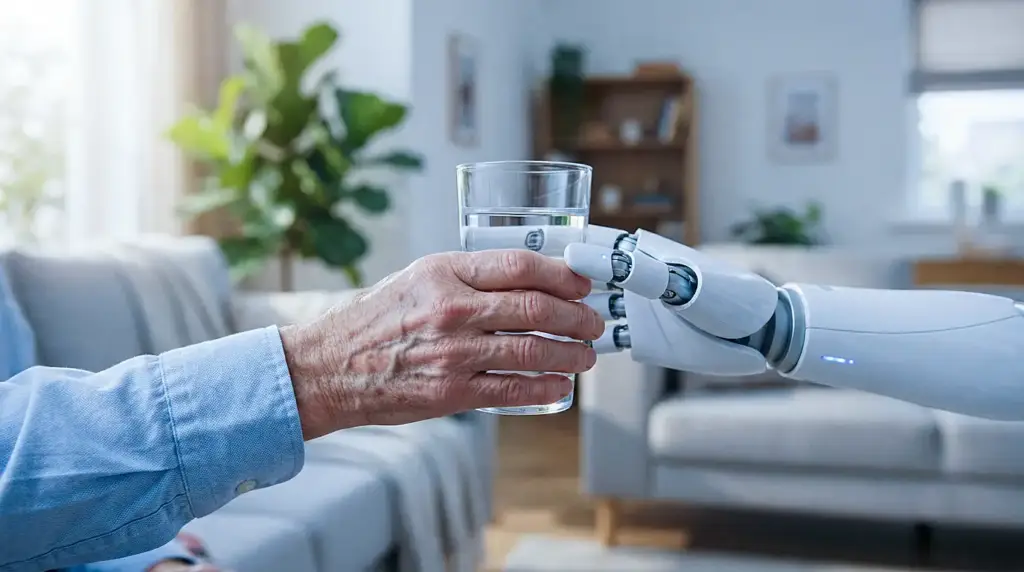Elderly wrinkled hand and sleek white robotic hand gently interlaced around a clear glass of water